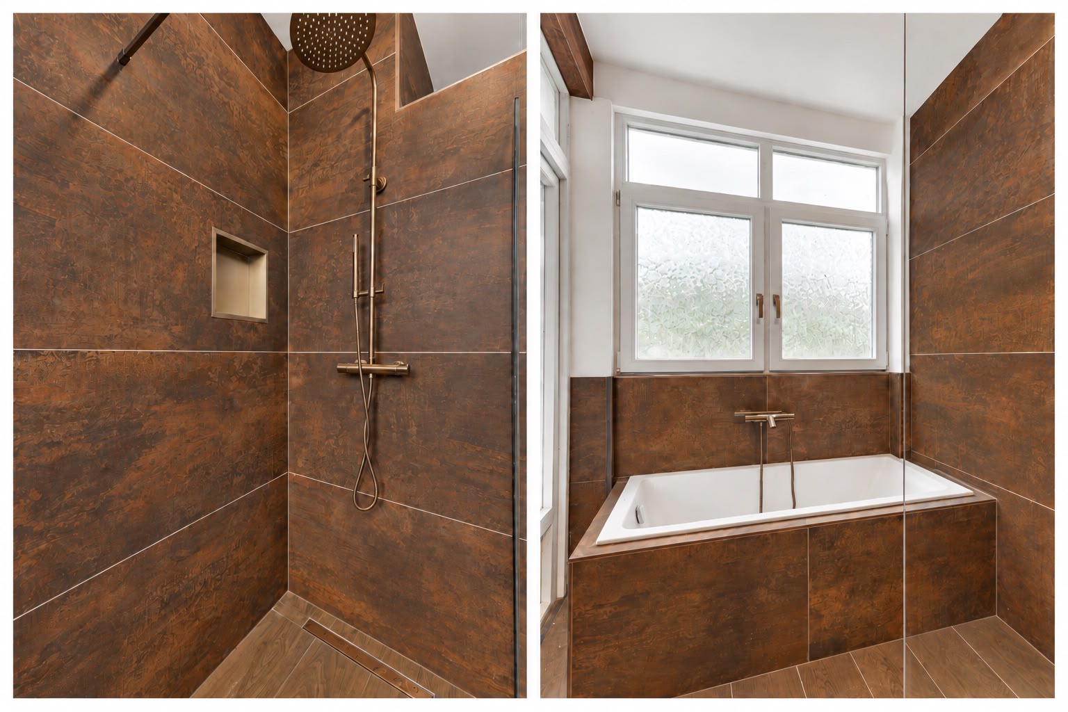 Gerenoveerde badkamer met ligbad onder het raam, douche en bruine wandtegels.