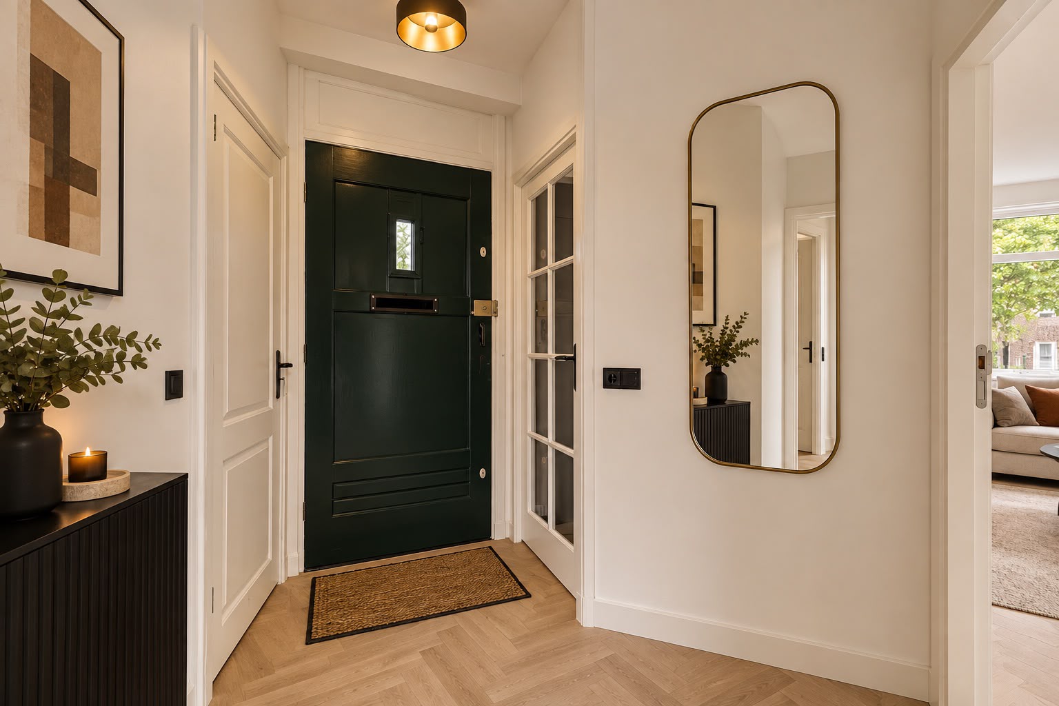 Ingerichte entree na renovatie, met groene voordeur, lichte wanden, houten vloer en wandspiegel.