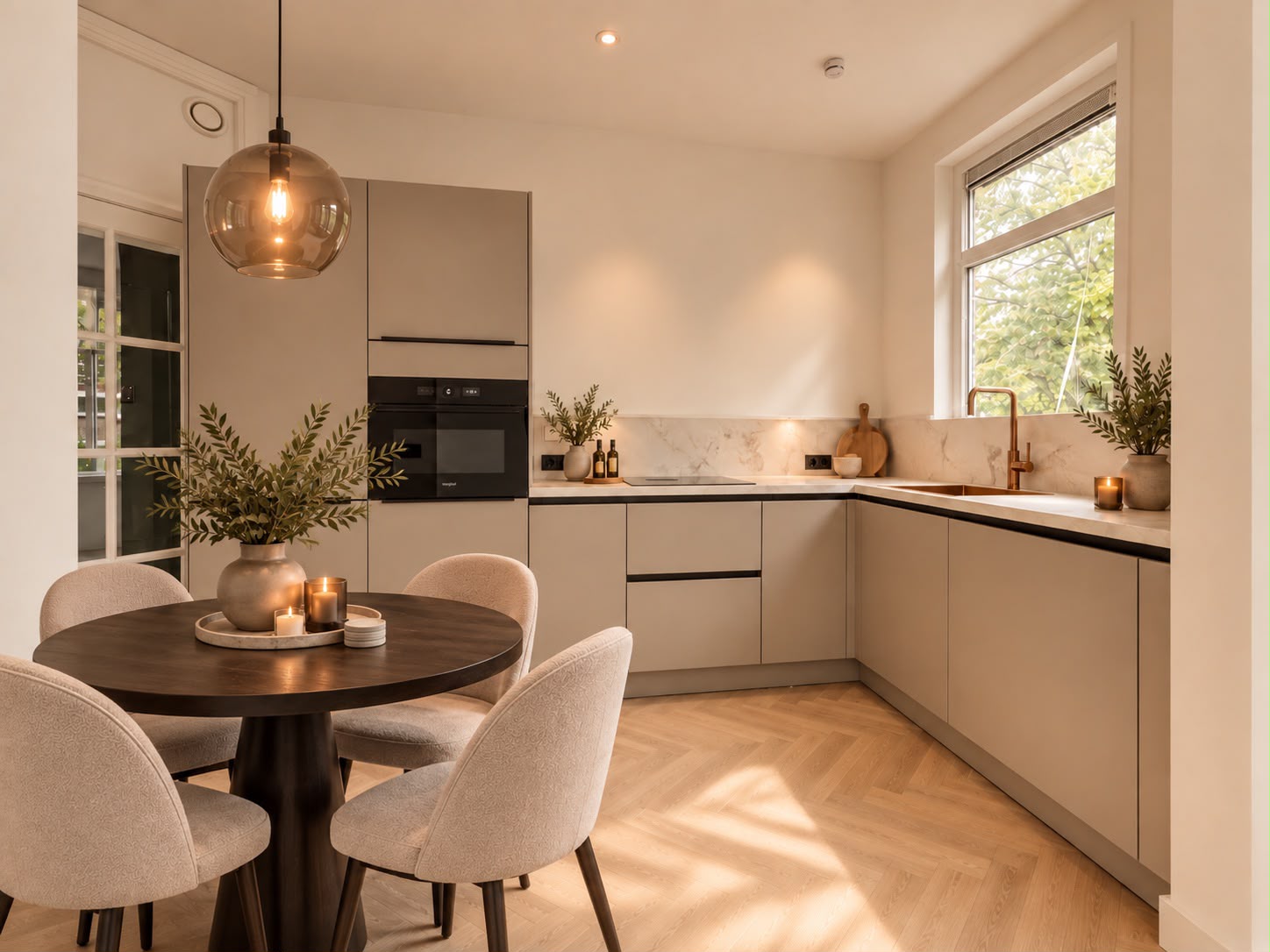 Afgewerkte keuken en eethoek met houten vloer, eettafel en daglicht door het raam.