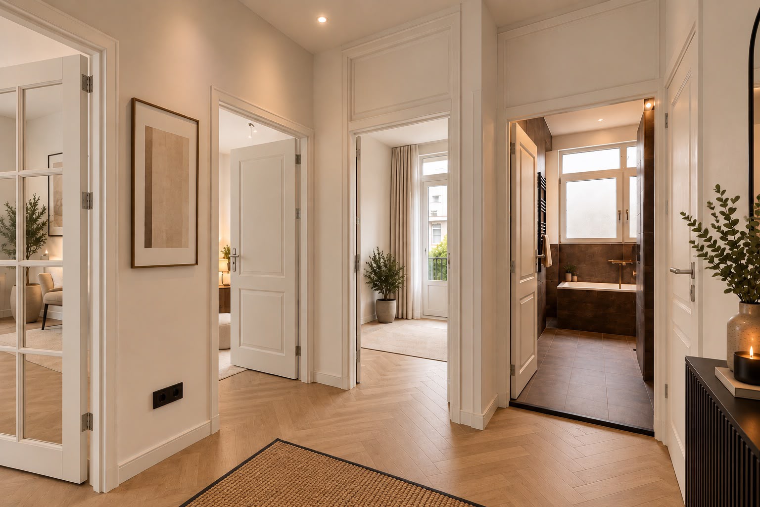 Afgewerkte overloop met lichte wanden, houten vloer en zicht op de gerenoveerde badkamer.