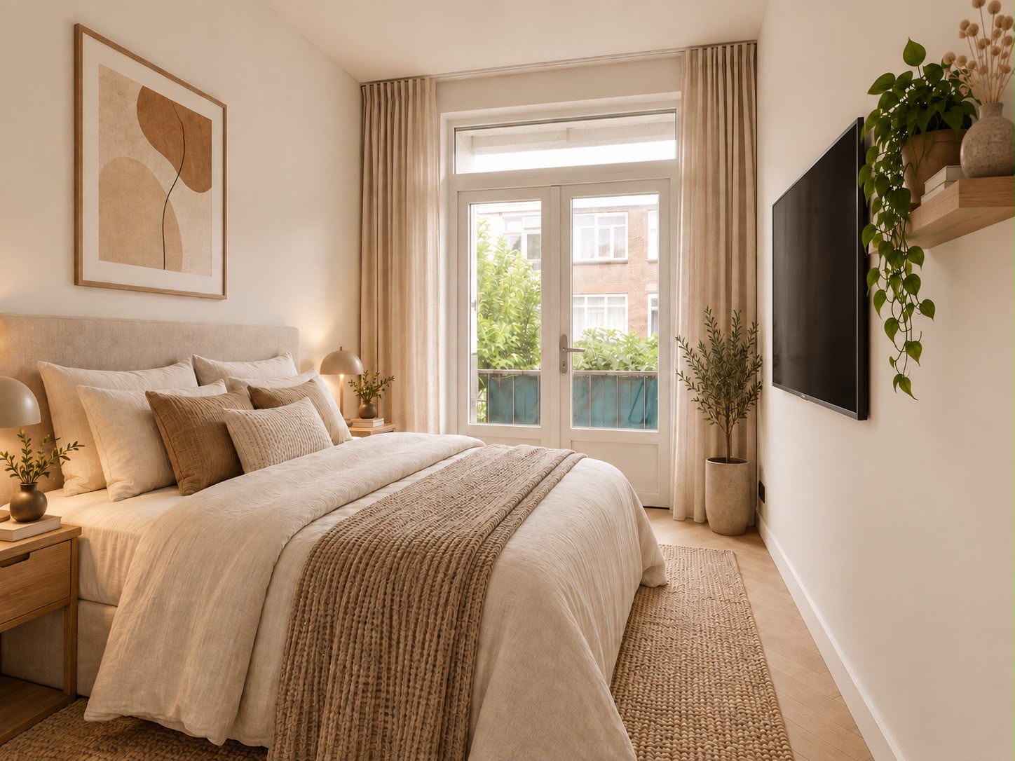 Ingerichte slaapkamer na renovatie met lichte wanden, houten vloer en openslaande deuren naar buiten.
