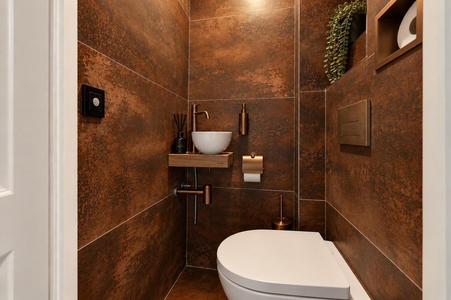 Gerenoveerd toilet in Den Haag met donkerbruine wandtegels, wandcloset en compacte waskom.