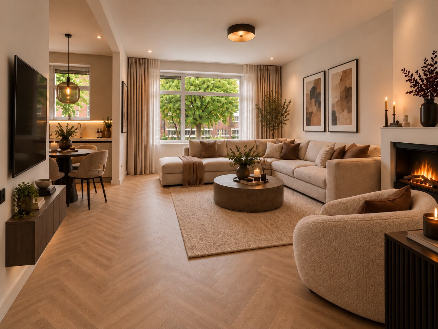 Breed beeld van de ingerichte woonkamer na renovatie, met zithoek, eettafel en houten vloer.