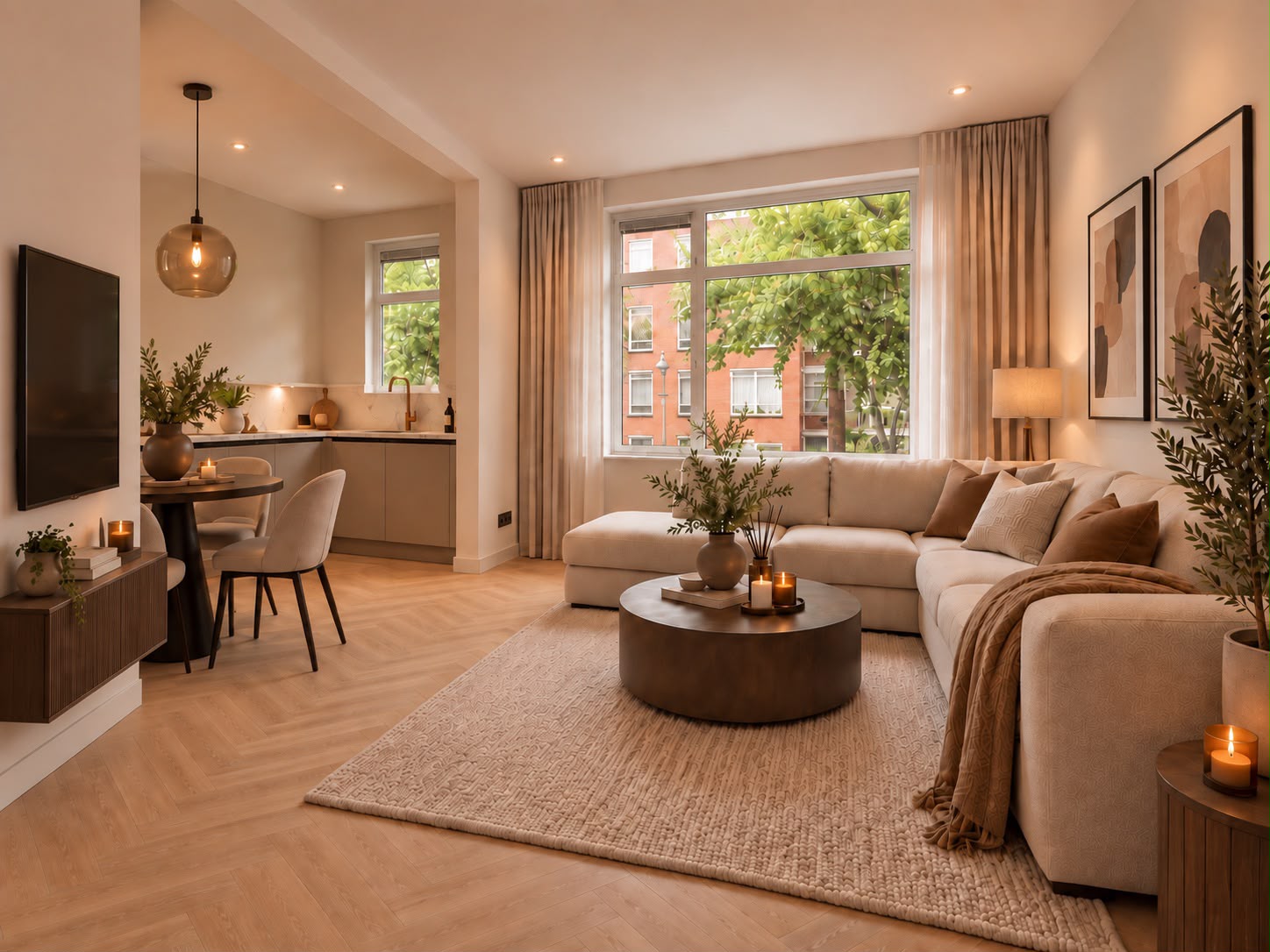 Zithoek in de gerenoveerde woonkamer met houten vloer, lichte wanden en een groot raam aan de voorzijde.